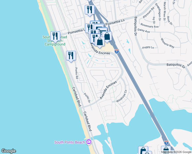 map of restaurants, bars, coffee shops, grocery stores, and more near 519 Dew Point Avenue in Carlsbad