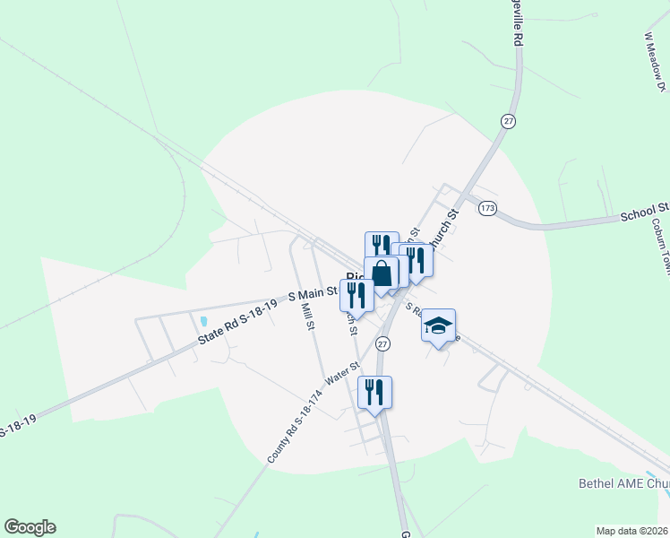 map of restaurants, bars, coffee shops, grocery stores, and more near 481 South Railroad Avenue in Ridgeville