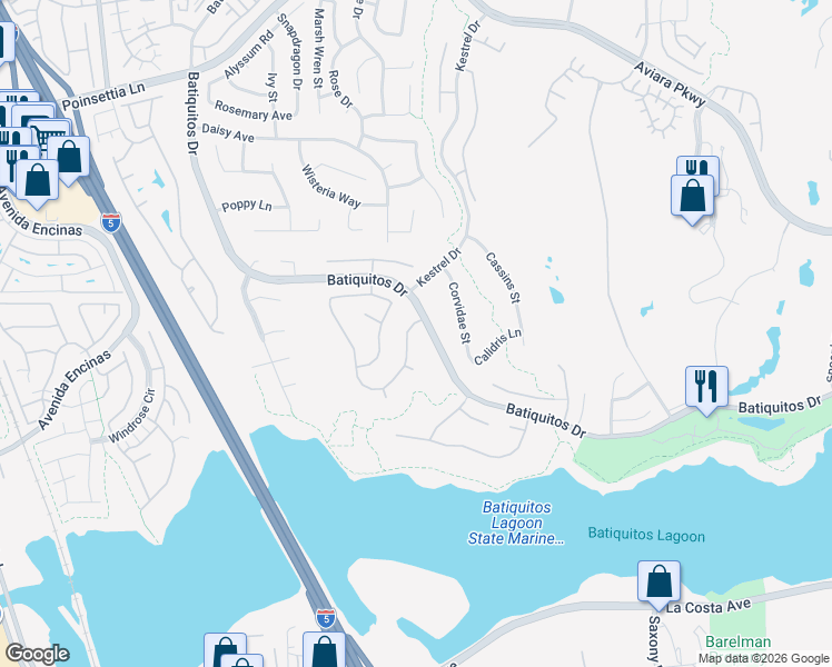 map of restaurants, bars, coffee shops, grocery stores, and more near 7415 Melodia Terrace in Carlsbad