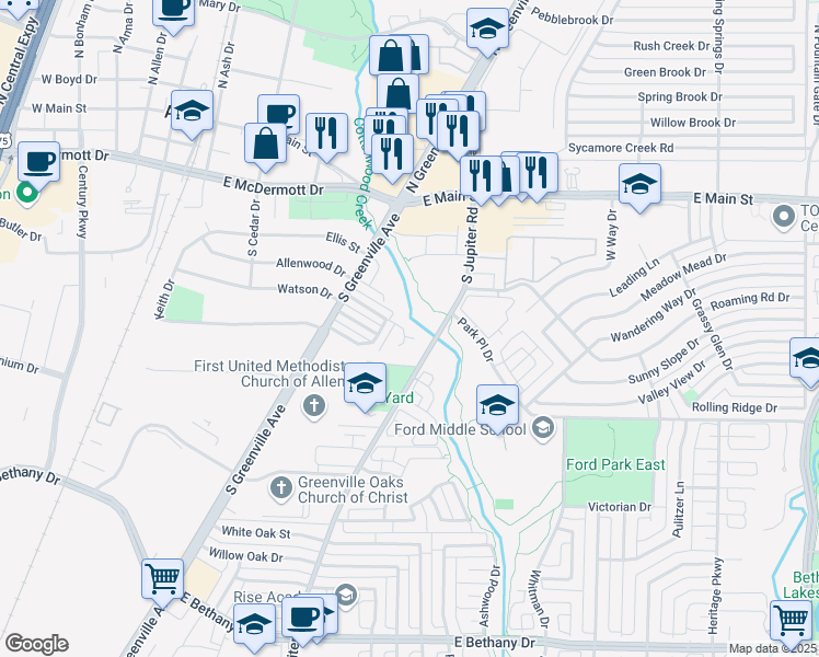 map of restaurants, bars, coffee shops, grocery stores, and more near 543 Cedar Elm Lane in Allen