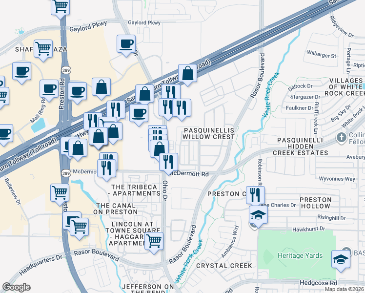 map of restaurants, bars, coffee shops, grocery stores, and more near 8629 Pauline Street in Plano