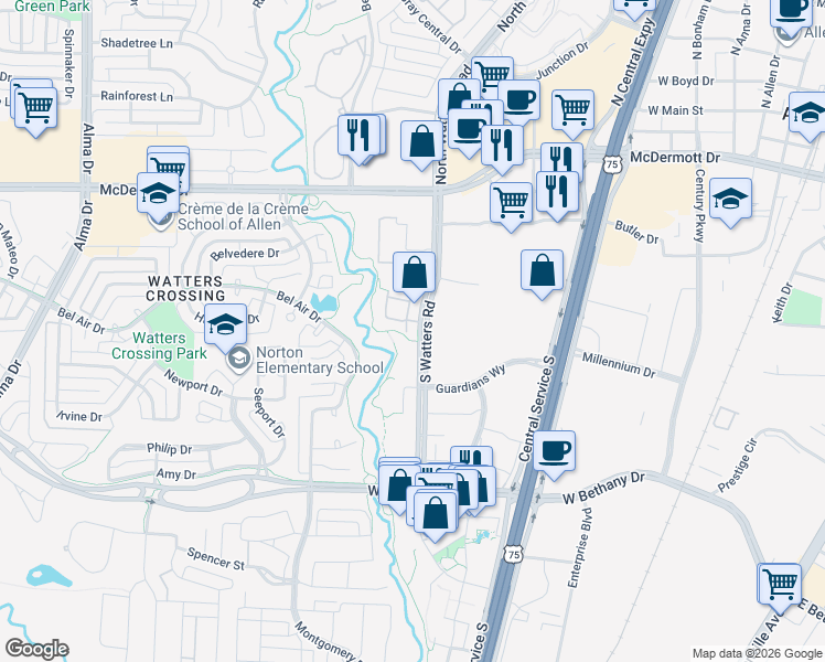 map of restaurants, bars, coffee shops, grocery stores, and more near 300 South Watters Road in Allen