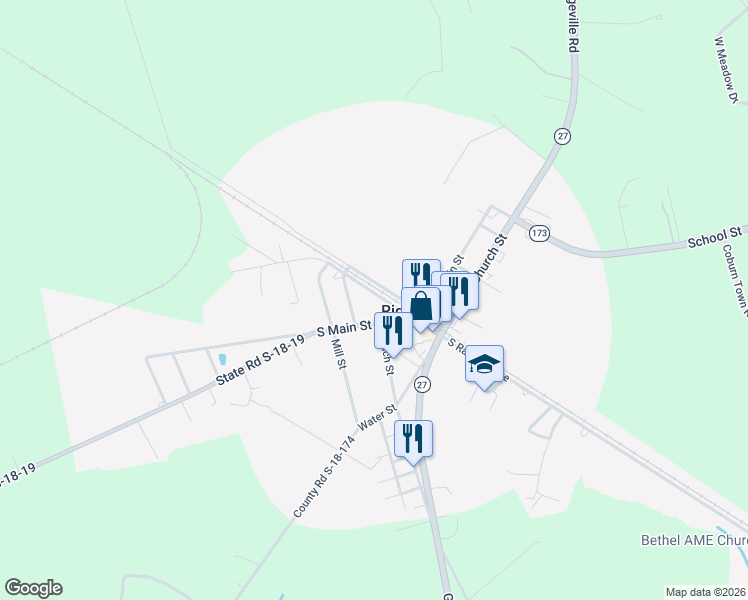 map of restaurants, bars, coffee shops, grocery stores, and more near 481 South Railroad Avenue in Ridgeville