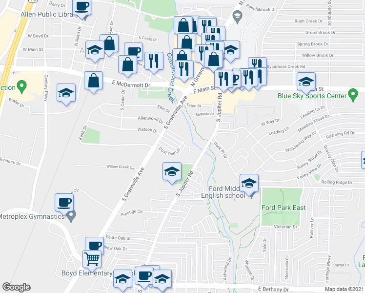 map of restaurants, bars, coffee shops, grocery stores, and more near 534 Post Oak Lane in Allen