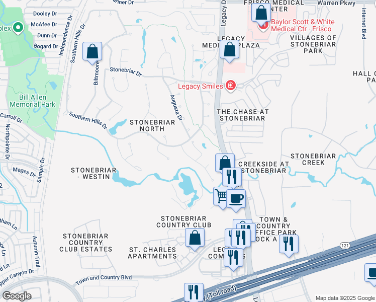 map of restaurants, bars, coffee shops, grocery stores, and more near 4808 Pinehurst Drive in Frisco