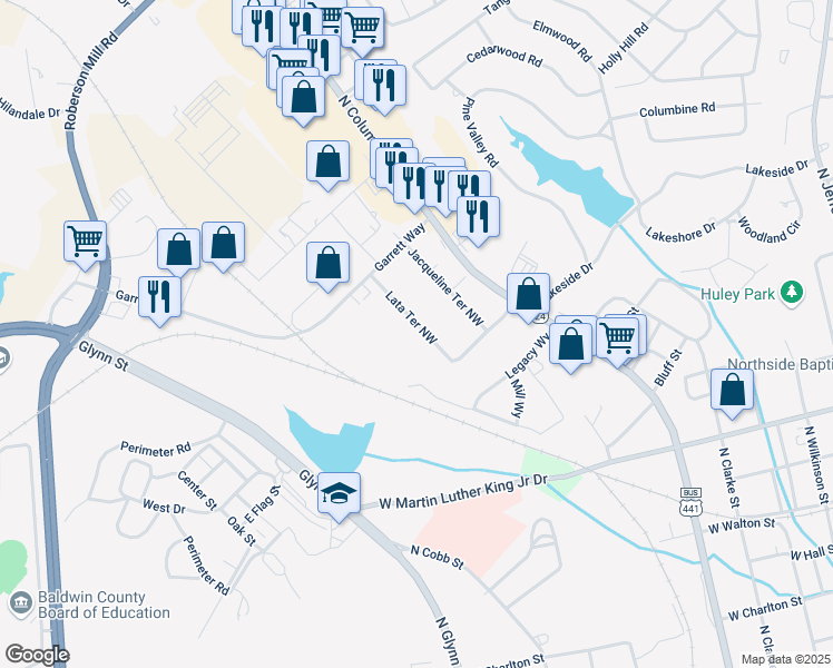 map of restaurants, bars, coffee shops, grocery stores, and more near 117 Lata Terrace Northwest in Milledgeville
