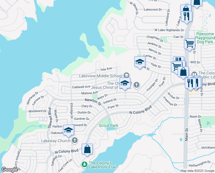 map of restaurants, bars, coffee shops, grocery stores, and more near 4232 Malone Avenue in The Colony