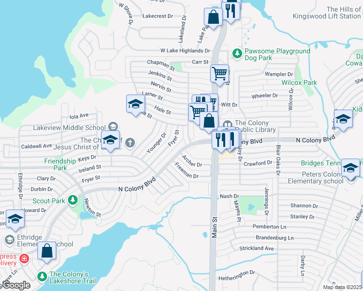 map of restaurants, bars, coffee shops, grocery stores, and more near 4528 North Colony Boulevard in The Colony
