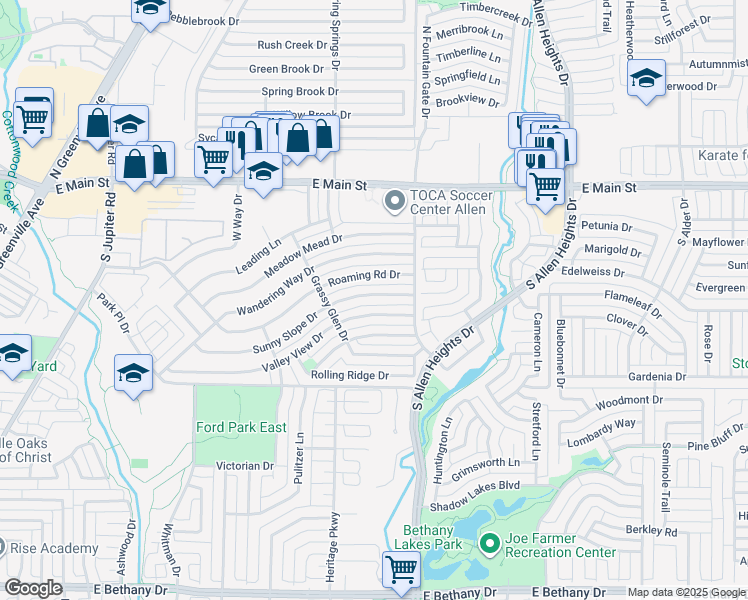 map of restaurants, bars, coffee shops, grocery stores, and more near 904 Sunny Slope Drive in Allen