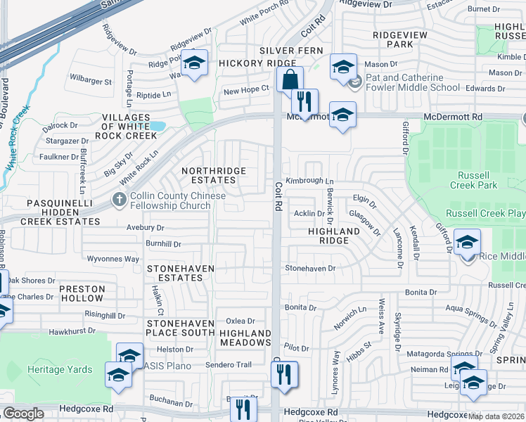 map of restaurants, bars, coffee shops, grocery stores, and more near 8641 Coit Road in Plano