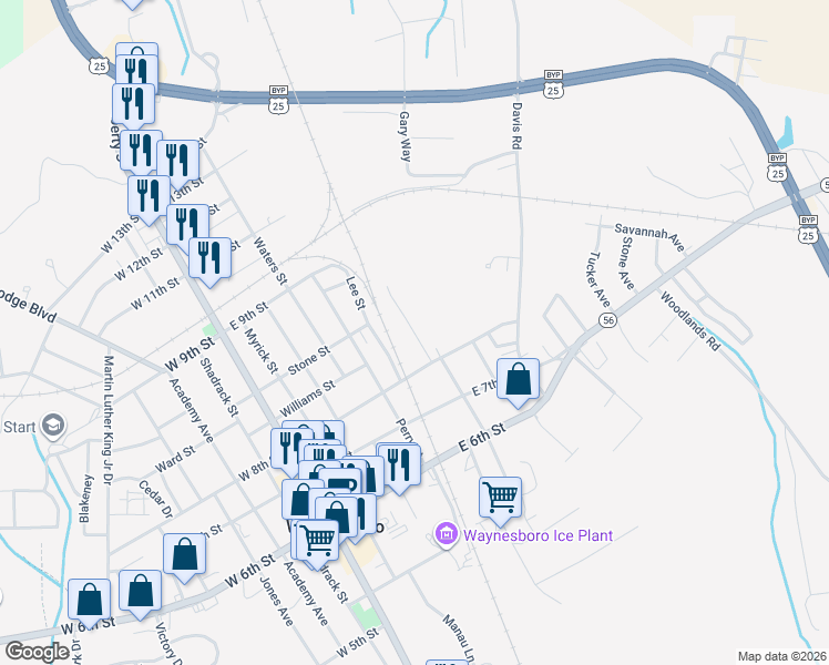 map of restaurants, bars, coffee shops, grocery stores, and more near 804 Yellowtown Road in Waynesboro