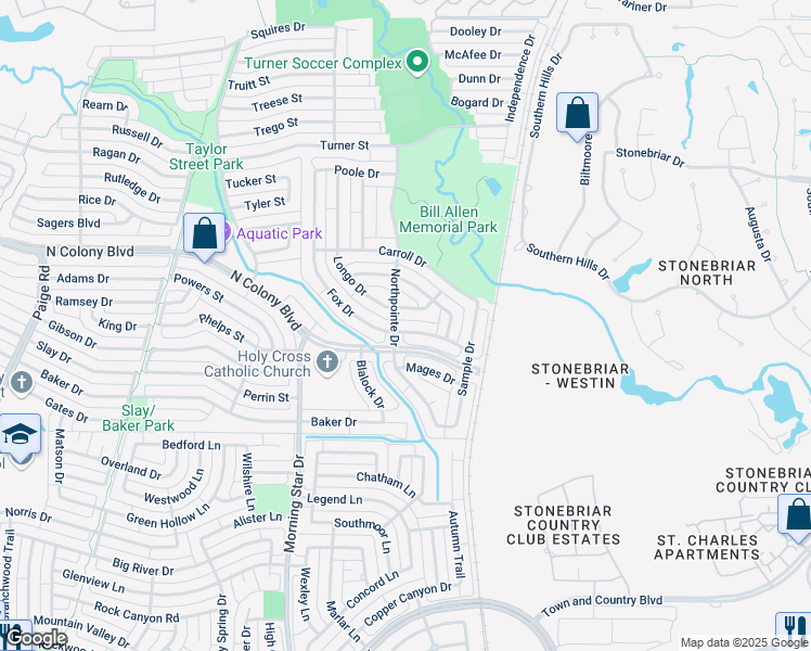 map of restaurants, bars, coffee shops, grocery stores, and more near 5904 Fox Drive in The Colony