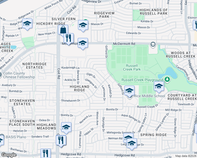map of restaurants, bars, coffee shops, grocery stores, and more near 3809 Elgin Drive in Plano