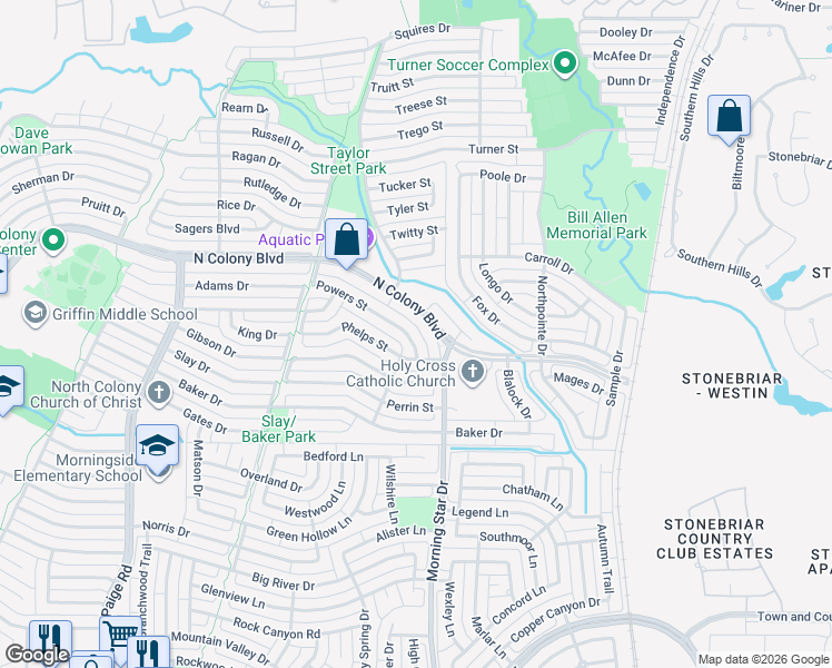 map of restaurants, bars, coffee shops, grocery stores, and more near 5691 Frontage Road in The Colony