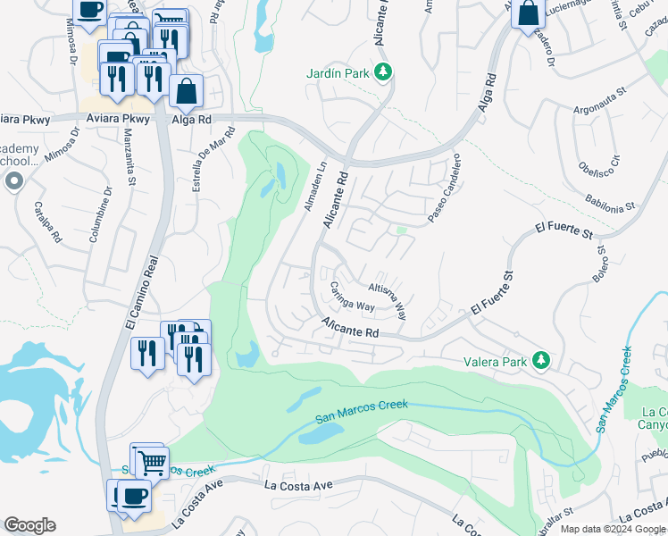 map of restaurants, bars, coffee shops, grocery stores, and more near 2305 Altisma Way in Carlsbad