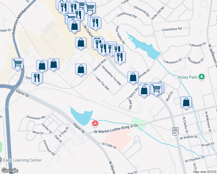 map of restaurants, bars, coffee shops, grocery stores, and more near 120 Lata Terrace Northwest in Milledgeville