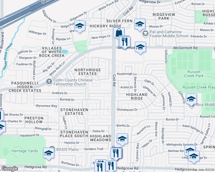 map of restaurants, bars, coffee shops, grocery stores, and more near 8641 Coit Road in Plano