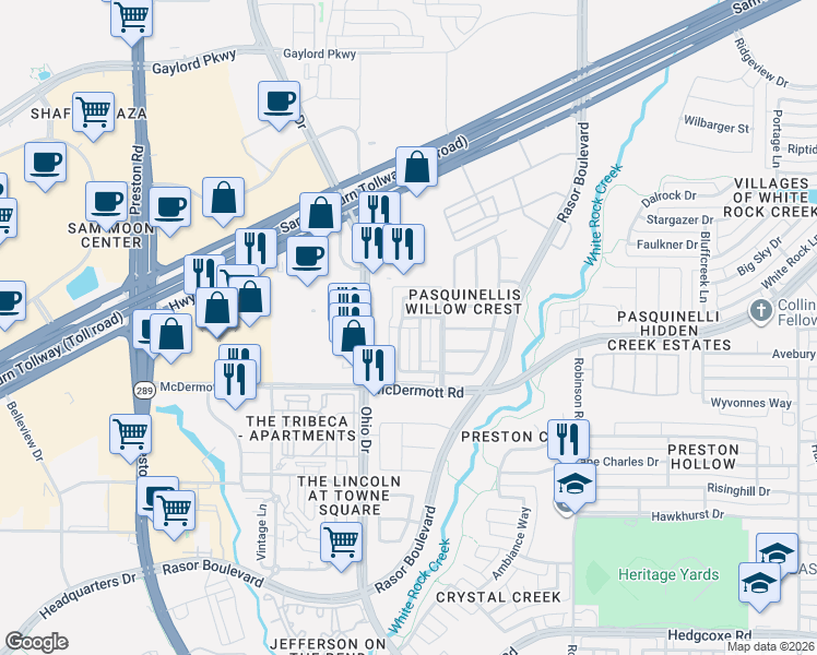 map of restaurants, bars, coffee shops, grocery stores, and more near 8629 Pauline Street in Plano