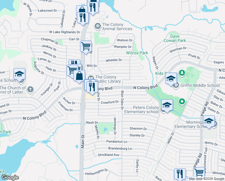 map of restaurants, bars, coffee shops, grocery stores, and more near 4917 Ashlock Drive in The Colony