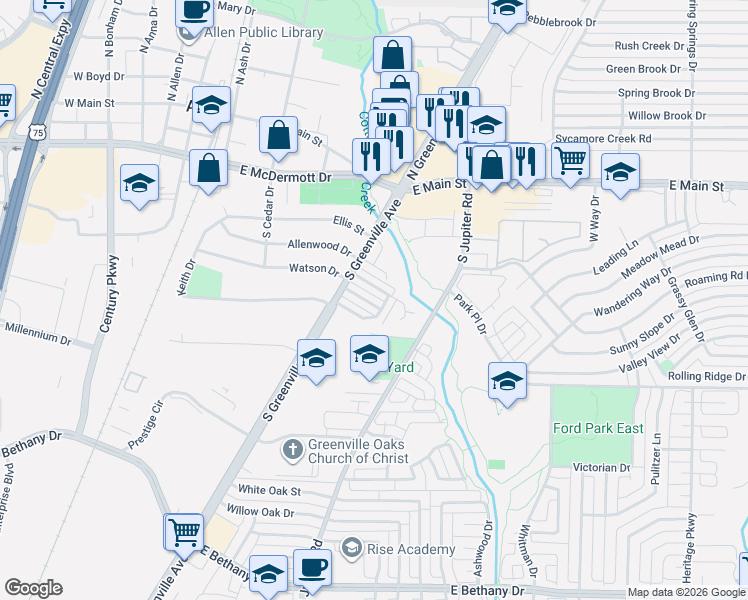 map of restaurants, bars, coffee shops, grocery stores, and more near 527 Pine Trail Drive in Allen