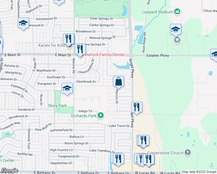map of restaurants, bars, coffee shops, grocery stores, and more near 1705 Giddings Court in Allen