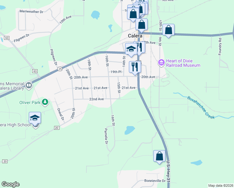 map of restaurants, bars, coffee shops, grocery stores, and more near 2161 15th Street in Calera
