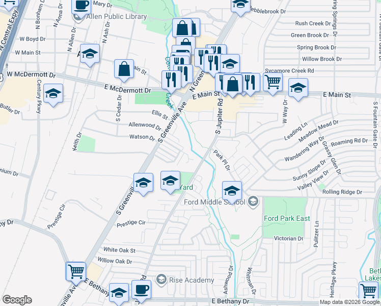 map of restaurants, bars, coffee shops, grocery stores, and more near 2 Cedar Elm Circle in Allen