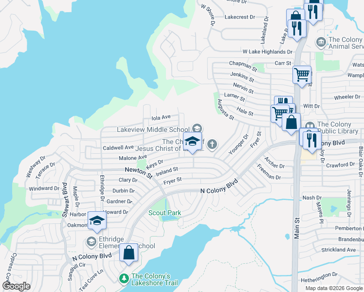 map of restaurants, bars, coffee shops, grocery stores, and more near 6712 Elliot Court in The Colony