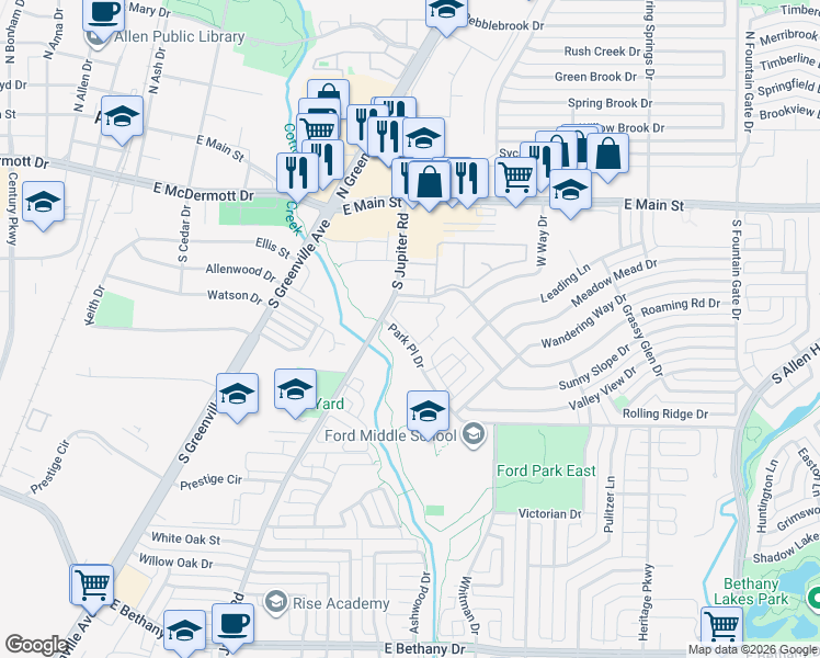map of restaurants, bars, coffee shops, grocery stores, and more near 325 South Jupiter Road in Allen
