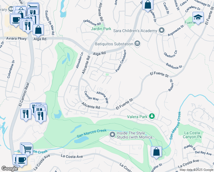 map of restaurants, bars, coffee shops, grocery stores, and more near 7086 Primentel Lane in Carlsbad