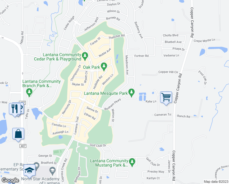 map of restaurants, bars, coffee shops, grocery stores, and more near 1261 Meadows Avenue in Argyle