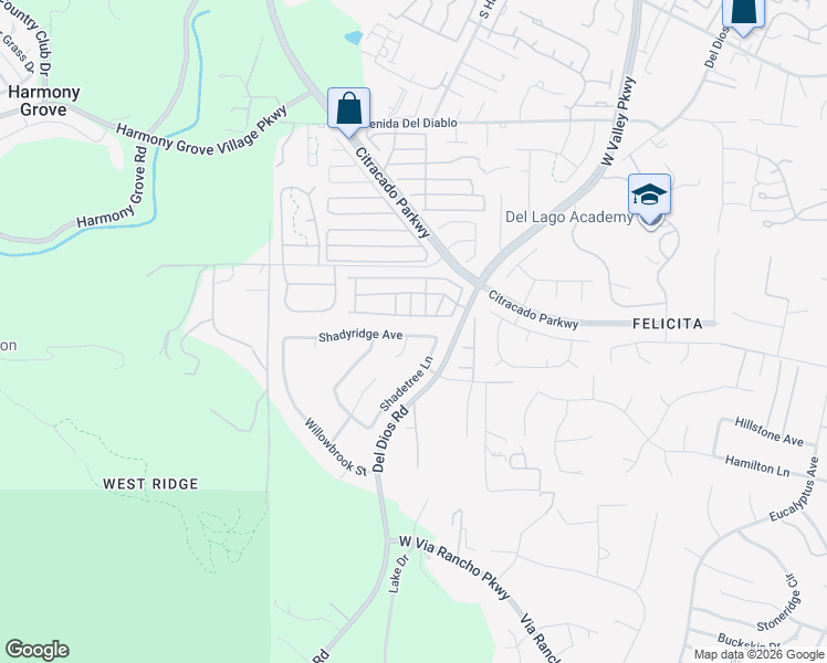 map of restaurants, bars, coffee shops, grocery stores, and more near 2245 Shadyridge Avenue in Escondido