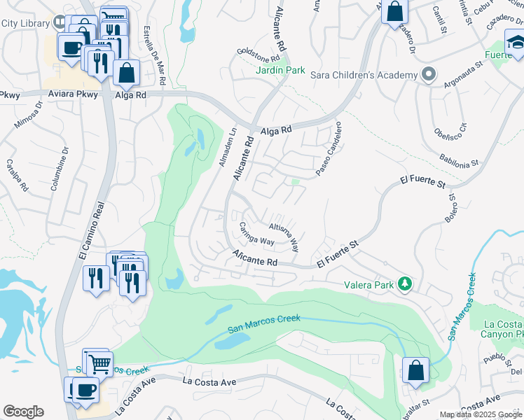 map of restaurants, bars, coffee shops, grocery stores, and more near 2308 Altisma Way in Carlsbad
