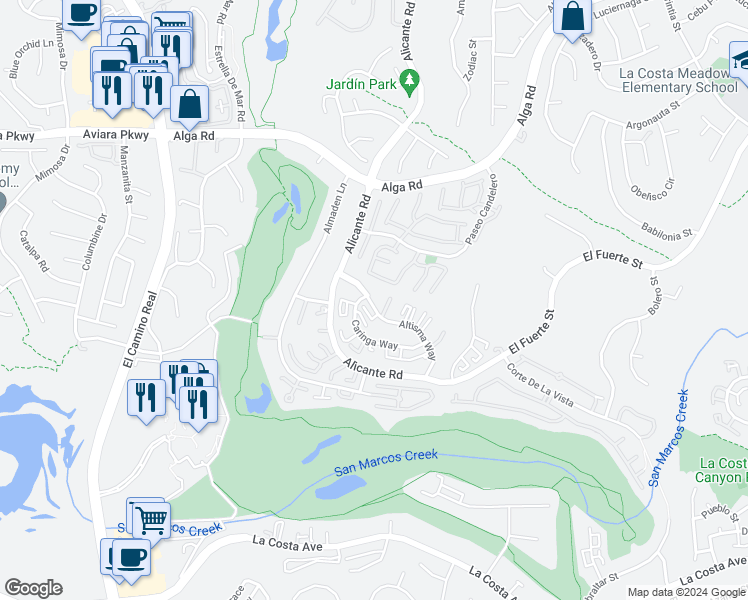map of restaurants, bars, coffee shops, grocery stores, and more near 2305 Altisma Way in Carlsbad