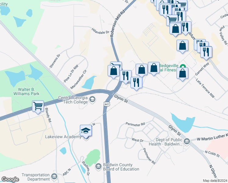 map of restaurants, bars, coffee shops, grocery stores, and more near U.S. 441 in Milledgeville