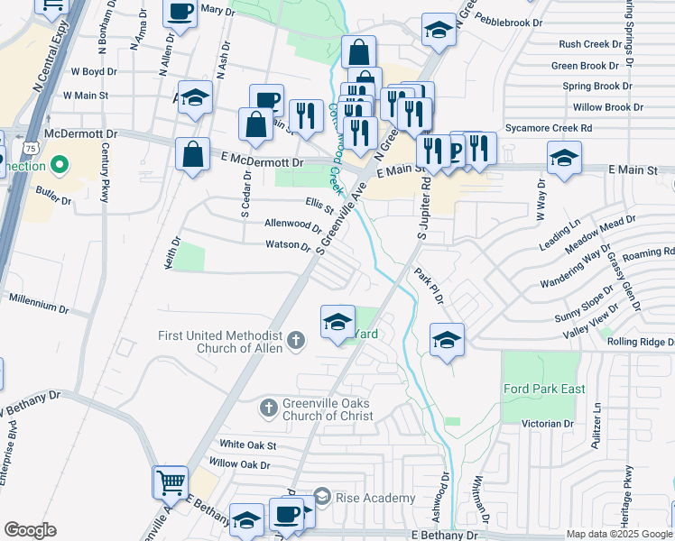 map of restaurants, bars, coffee shops, grocery stores, and more near 527 Pine Trail Drive in Allen