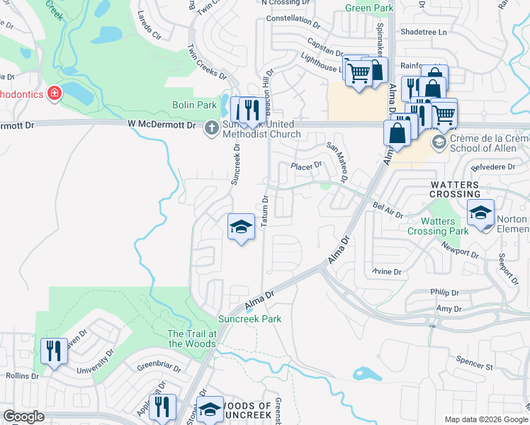 map of restaurants, bars, coffee shops, grocery stores, and more near County Road 141 in Allen