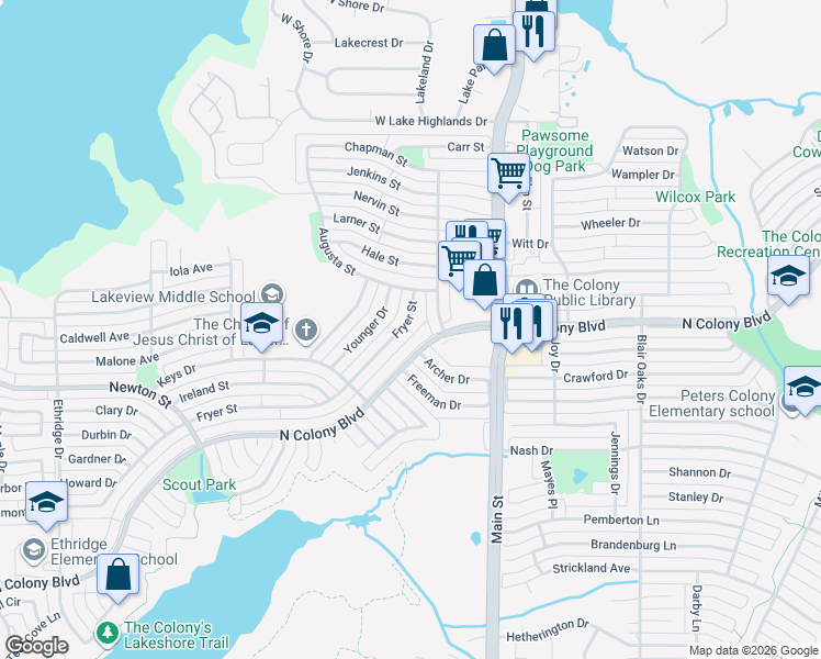 map of restaurants, bars, coffee shops, grocery stores, and more near 4528 North Colony Boulevard in The Colony