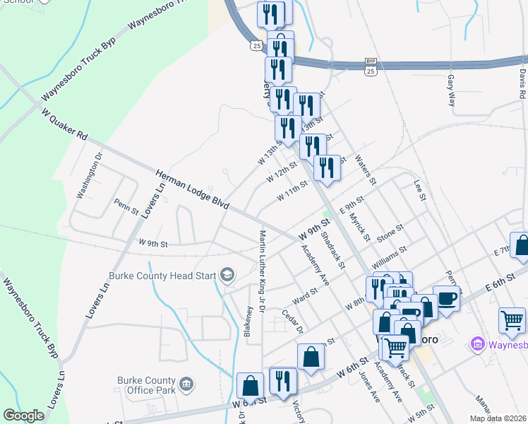 map of restaurants, bars, coffee shops, grocery stores, and more near 1017 Quaker Road in Waynesboro