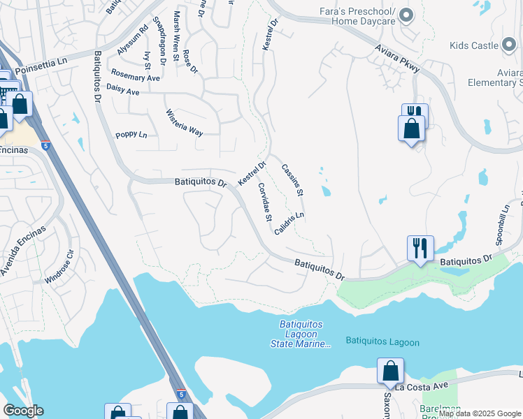 map of restaurants, bars, coffee shops, grocery stores, and more near 1345 Corvidae Street in Carlsbad