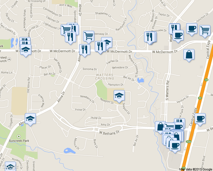 map of restaurants, bars, coffee shops, grocery stores, and more near 1137 Hampton Drive in Allen