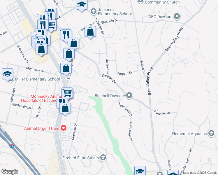 map of restaurants, bars, coffee shops, grocery stores, and more near 2147 Sunset Drive in Escondido