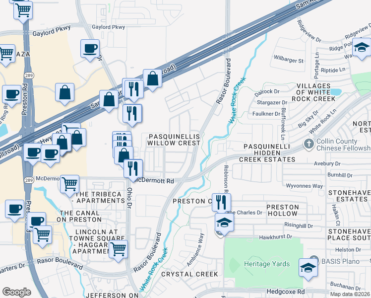 map of restaurants, bars, coffee shops, grocery stores, and more near 4648 Phillip Drive in Plano