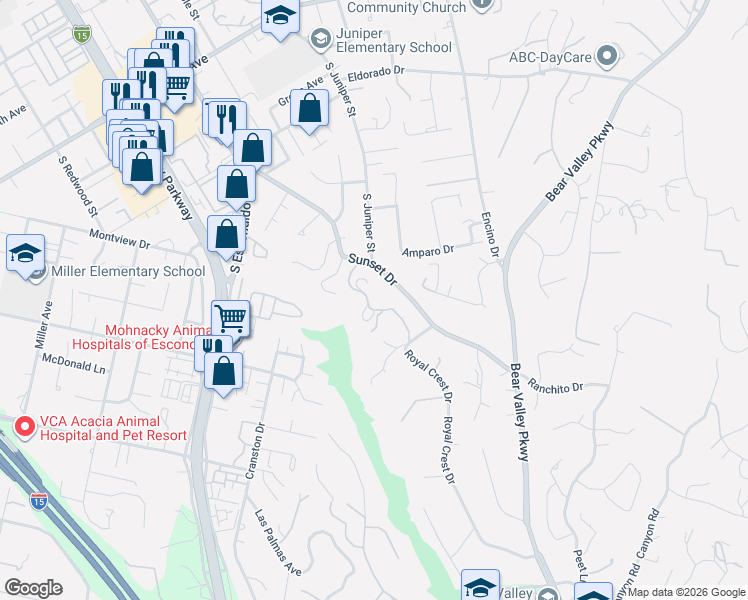 map of restaurants, bars, coffee shops, grocery stores, and more near 2337 Royal Crest Drive in Escondido