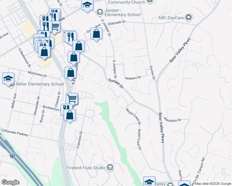 map of restaurants, bars, coffee shops, grocery stores, and more near 2337 Royal Crest Drive in Escondido