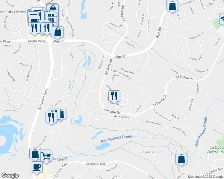 map of restaurants, bars, coffee shops, grocery stores, and more near 2305 Altisma Way in Carlsbad
