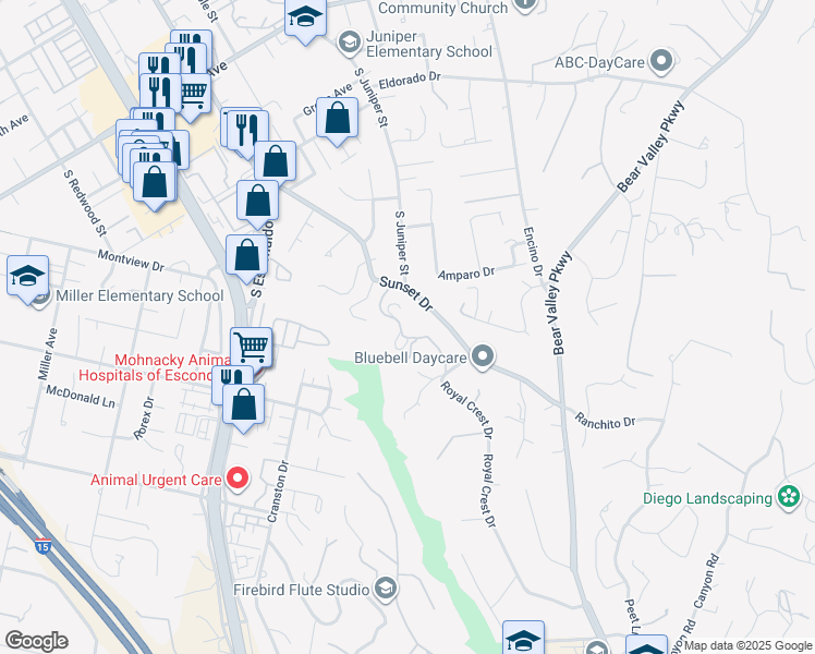 map of restaurants, bars, coffee shops, grocery stores, and more near 2147 Sunset Drive in Escondido