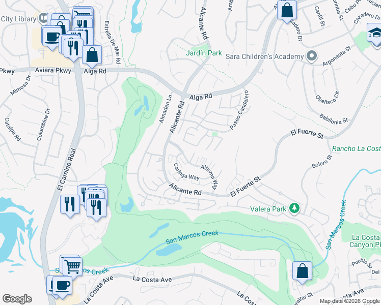 map of restaurants, bars, coffee shops, grocery stores, and more near 2308 Altisma Way in Carlsbad