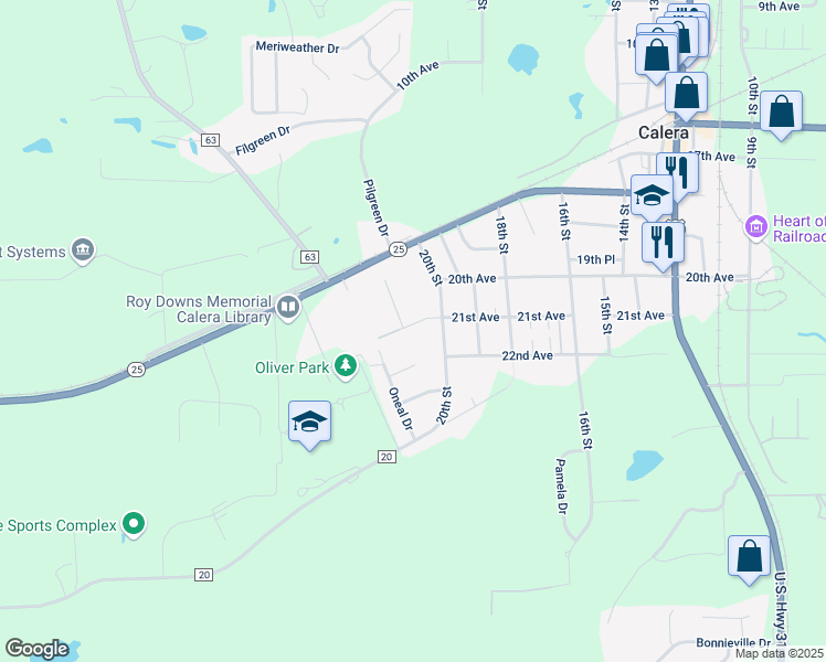 map of restaurants, bars, coffee shops, grocery stores, and more near 2075 21st Avenue in Calera