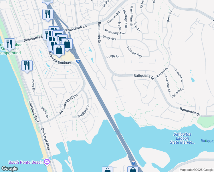 map of restaurants, bars, coffee shops, grocery stores, and more near 7425 Linden Terrace in Carlsbad